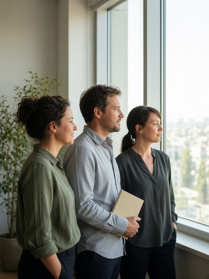 Three colleagues standing together and looking out a bright window